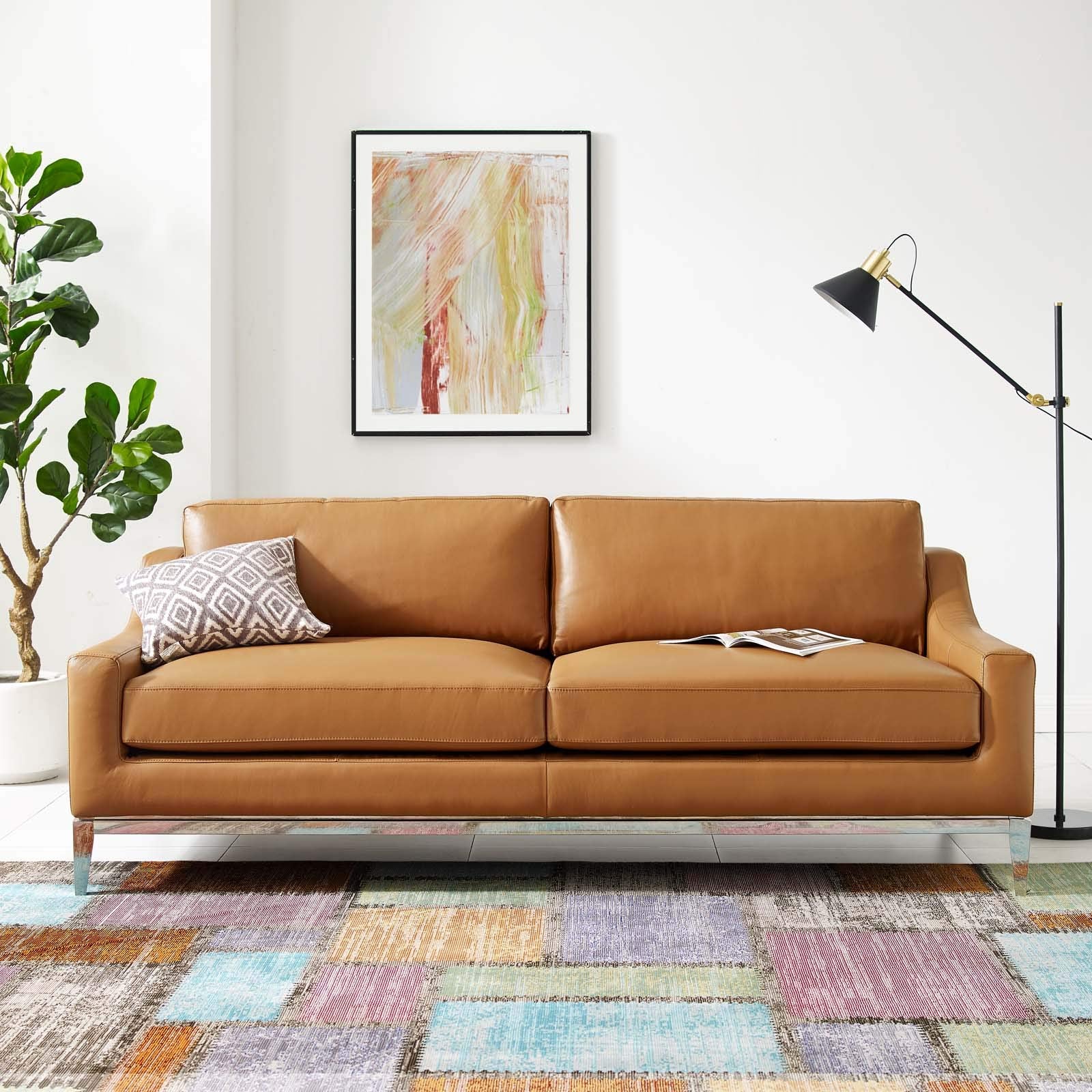 Modway Harness 83.5" Leather Sofa In Tan With Stainless Steel Base